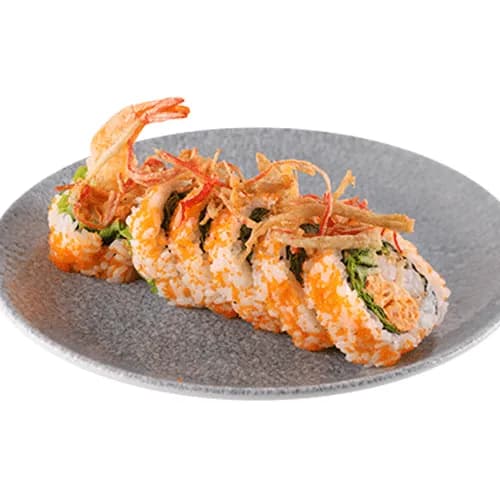 Uramaki z krewetkami w tempurze i prażonym surimi