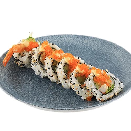 Uramaki z krewetkami w tempurze i majonezem cytrynowo-pieprzowym