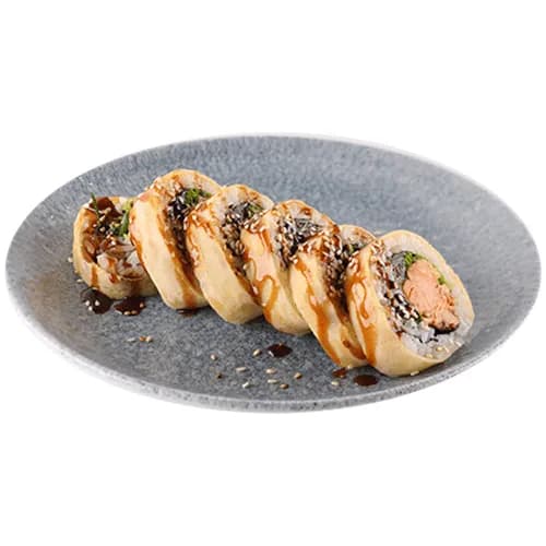 Uramaki z pieczonym łososiem teriyaki w chrupkach tempury