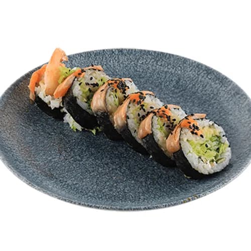 Futomaki z zapiekanym łososiem teriyaki i krewetkami w tempurze