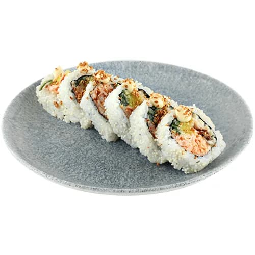 Uramaki z karmazynem w tempurze i limonkową sałatką surimi