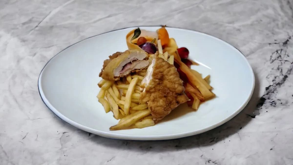 Baconnal és sajttal töltött borjúszelet rántva, hasábburgonyával