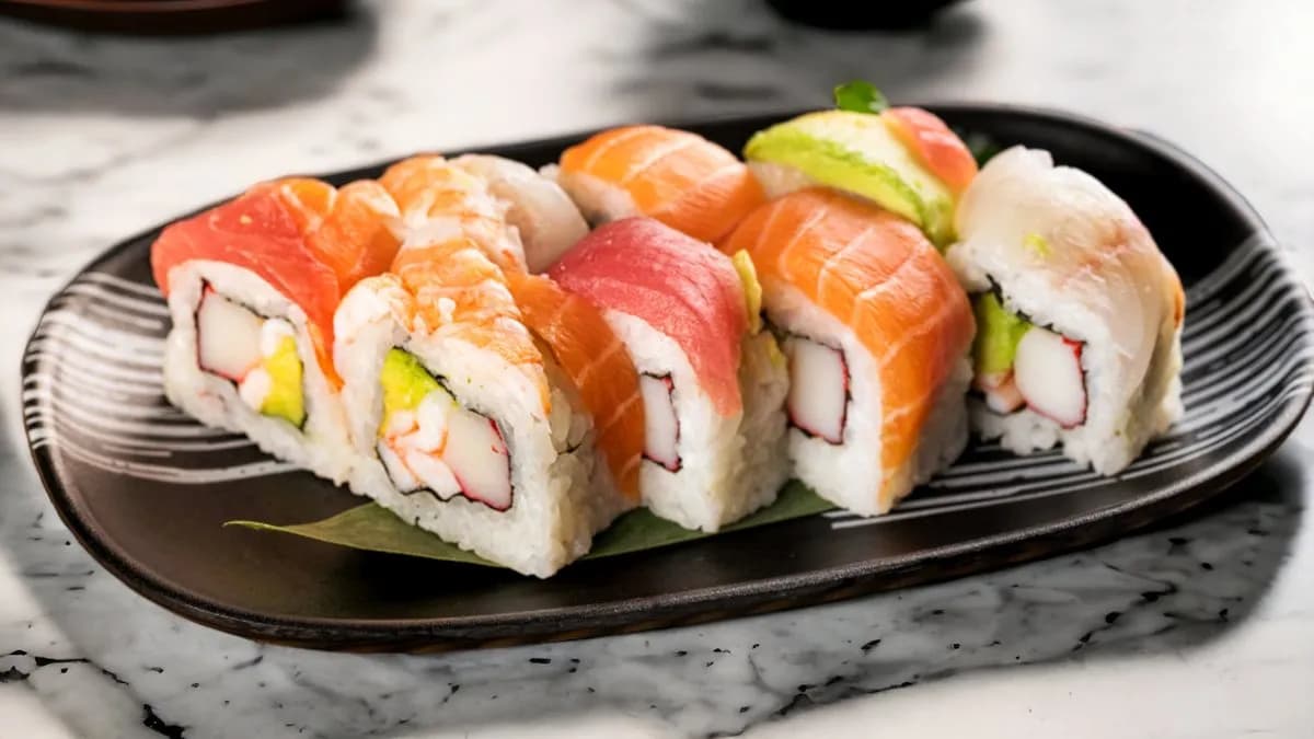 Rainbow tekercs (Lazac, tonhal, garnélarák, surimi, uborka, avokádó)