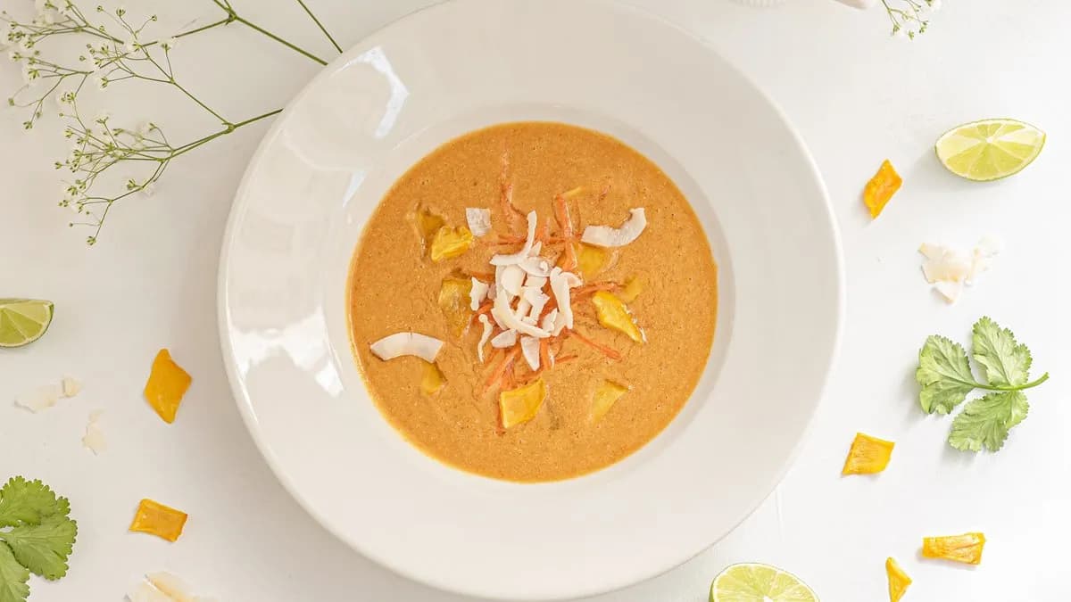 Nyers currys-kókuszos thai leves hidegen, aszalt mangóval