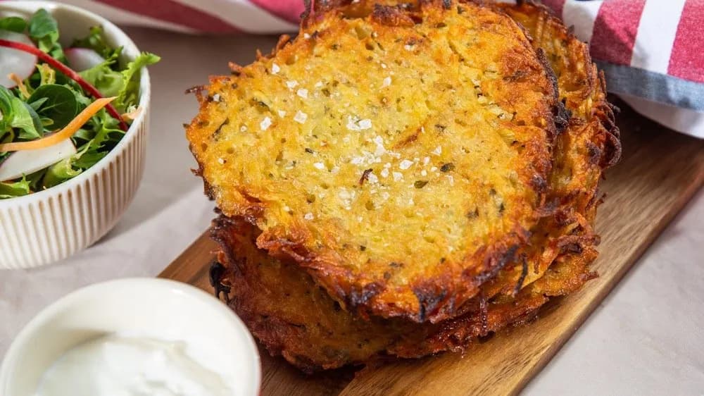 Röszti burgonya tejföllel és salátával