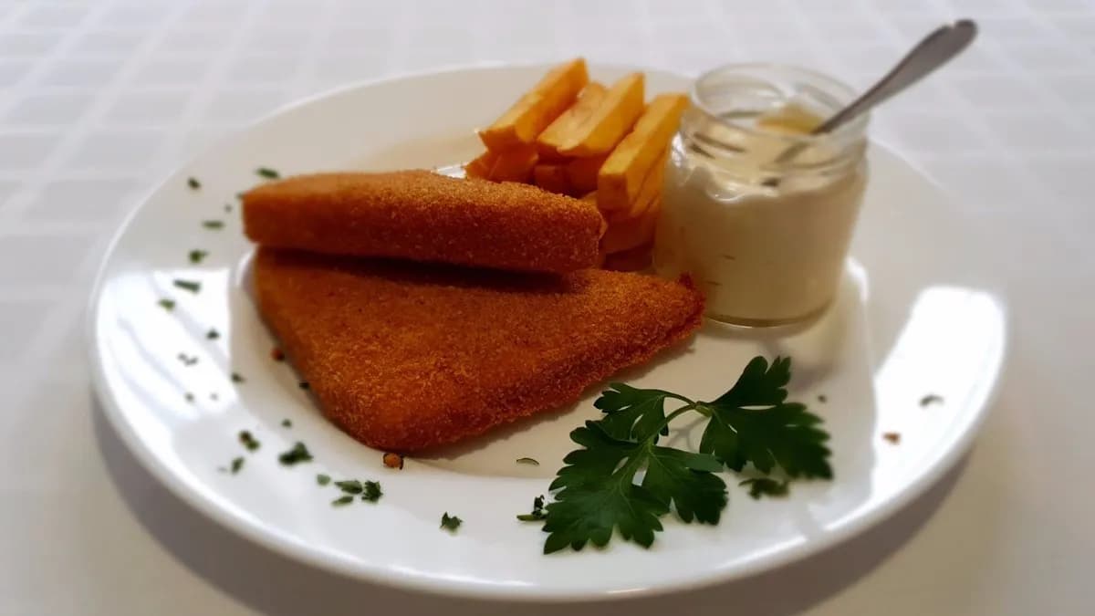 Rántott sajt hasábburgonyával, tartár mártással