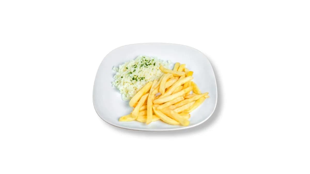 Vegyes köret: hasábburgonya és párolt rizs