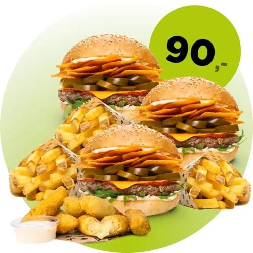 3x BURGER + 3x FRYTKI + 6x KROKSY