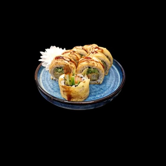 Krewetka tempura i łosoś w tamago 8 szt.