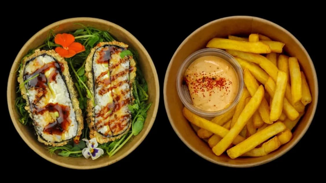 SUSHI BURGER Krewetka Tempura + Frytki