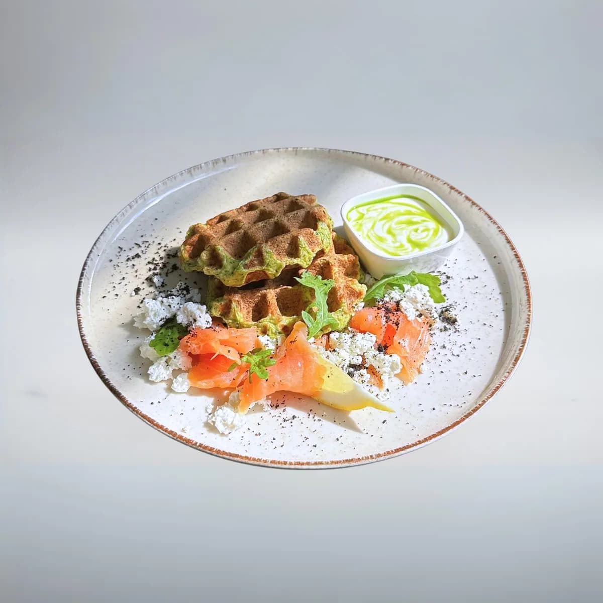 Gofry z cukinii z łososiem i wędzonym twarogiem