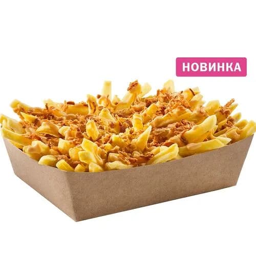 Картофель фри с сырным соусом и луком