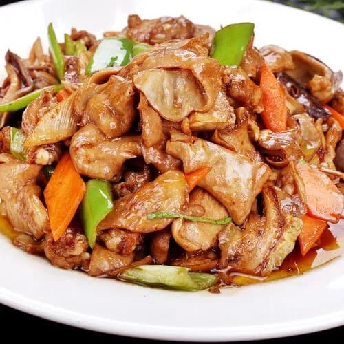 Жареные свиные кишки с желудком