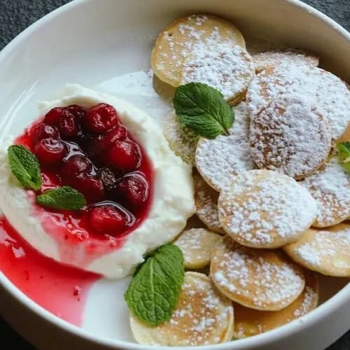 Панкейки со взбитым кремом и клюквой