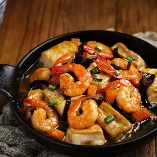 Креветки с тофу на тебане