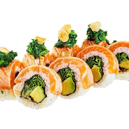 Ролл с лососем татаки и миндалем