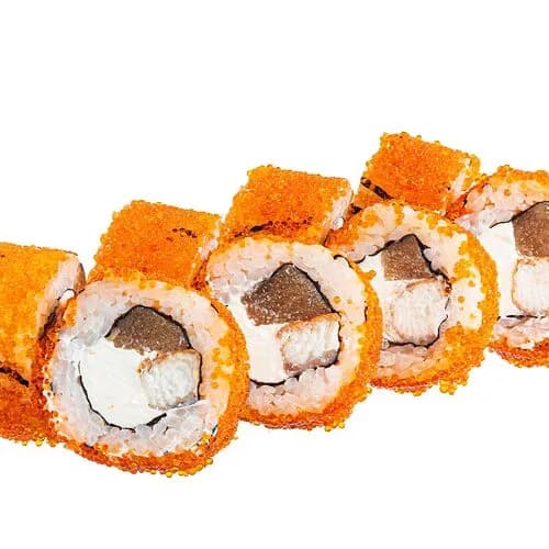 Ролл с копченой грушей, угрем и икрой летучей рыбы