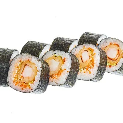 Ролл с жареной креветкой и икрой летучей рыбы