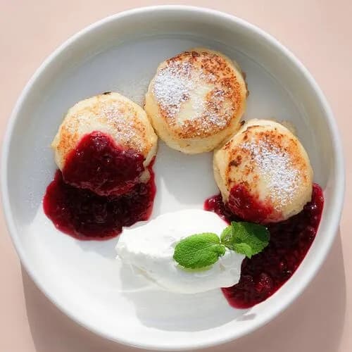 Сырники с подвесной сметаной и ягодным конфитюром