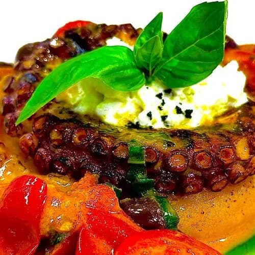 Осьминог с картофельным пюре, томатами, оливками и бурратой